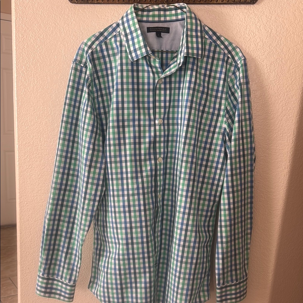 Men's Green and Blue Checkered Shirt BANANA REPUBLIC SLIM FIT